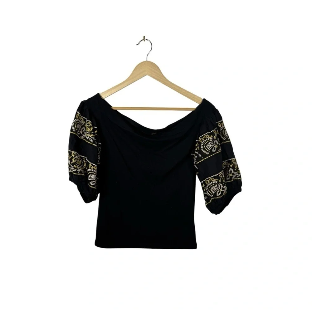 Free People Rock With It Embroidered Crochet Puff Sleeve Top Black/Yellow XS